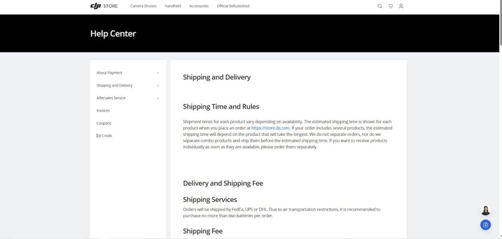 DJI Help Center page explaining shipping and delivery services.