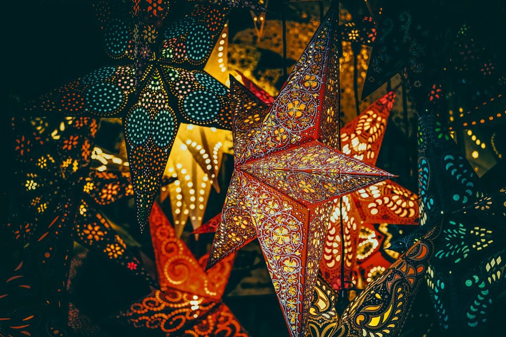 Colorful luminous decorations in the shape of a five-pointed star