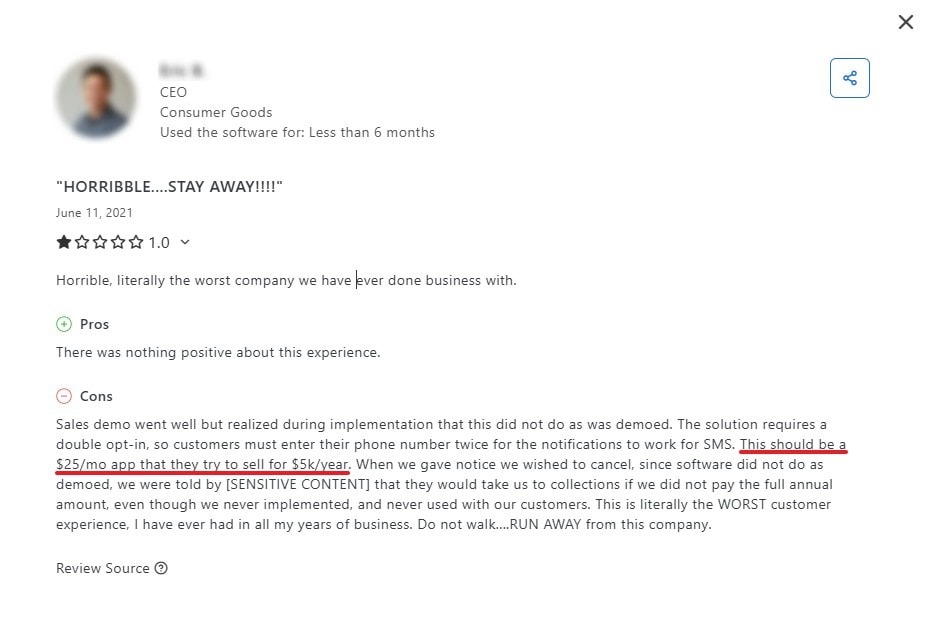 Screenshot of a 1-star Narvar review citing mismatched product demo and higher costs.
