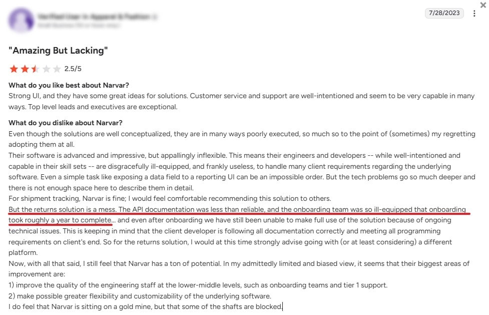 Screenshot of a Narvar customer review discussing returns, API reliability, and onboarding challenges.