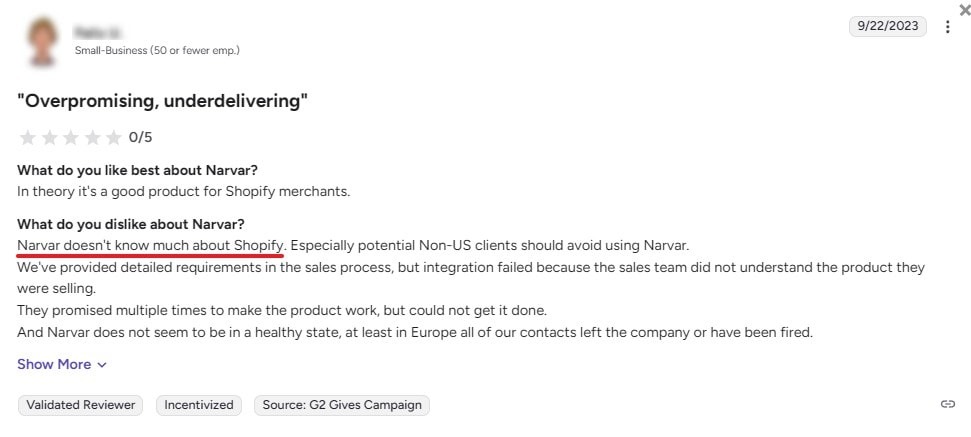 Screenshot of a Narvar customer review mentioning overpromising and failed integration.