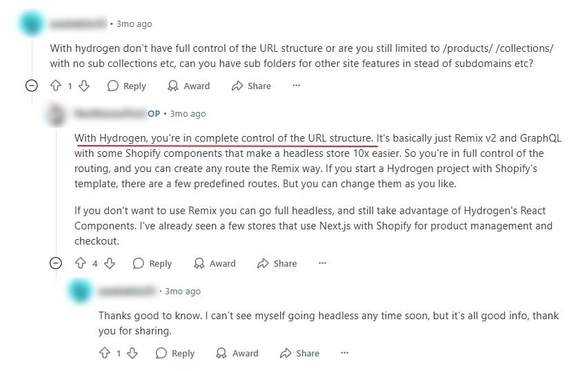 A developer explained that Shopify Hydrogen gives complete control of the URL structure.