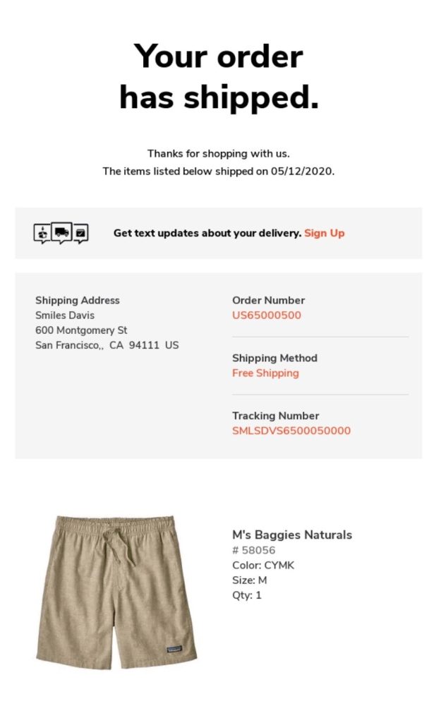 Patagonia's Shipping email example