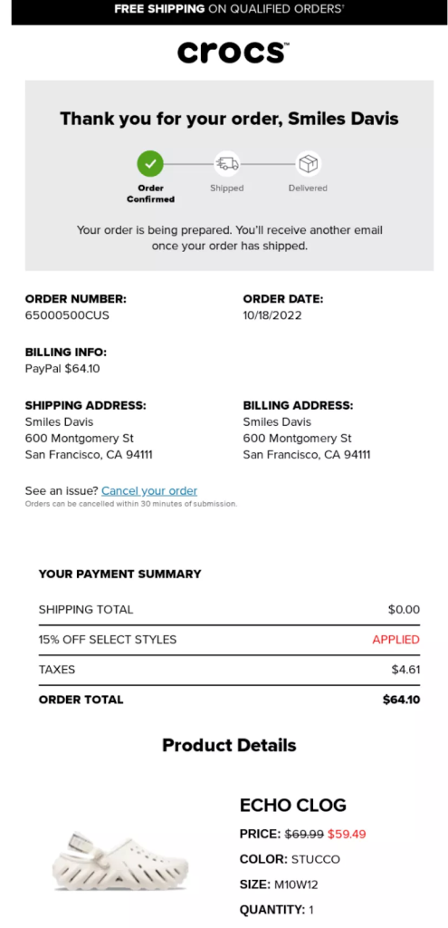 Crocs's Shipping email example