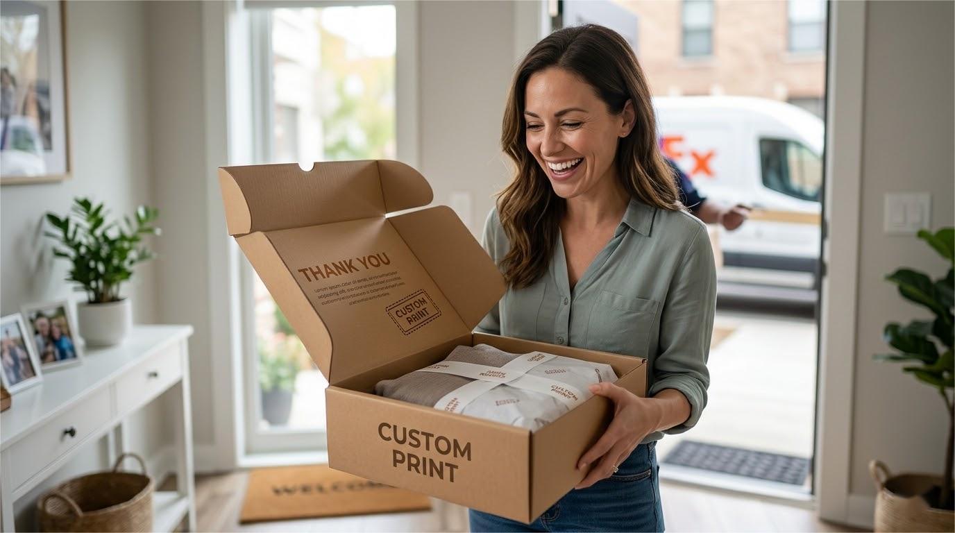 Woman smiling while opening a custom-printed package at her front door, with a delivery van visible outside.